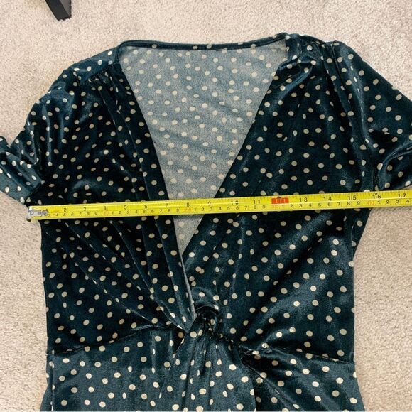 ZARA dark green cream velvet polkadot V-neck wrap dress ruched Sz S - Picture 9 of 11